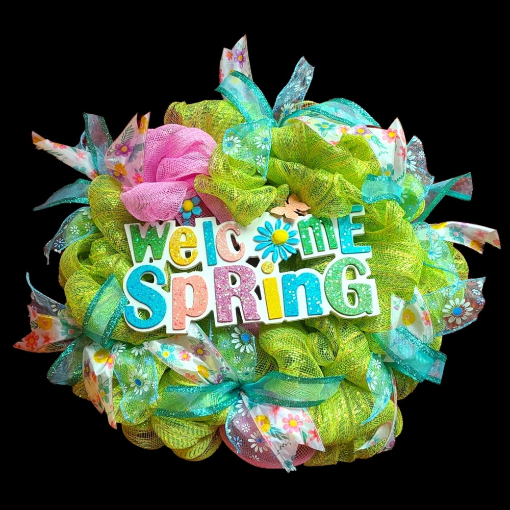 HANDMADE WELCOME SPRING DECO MESH WREATH